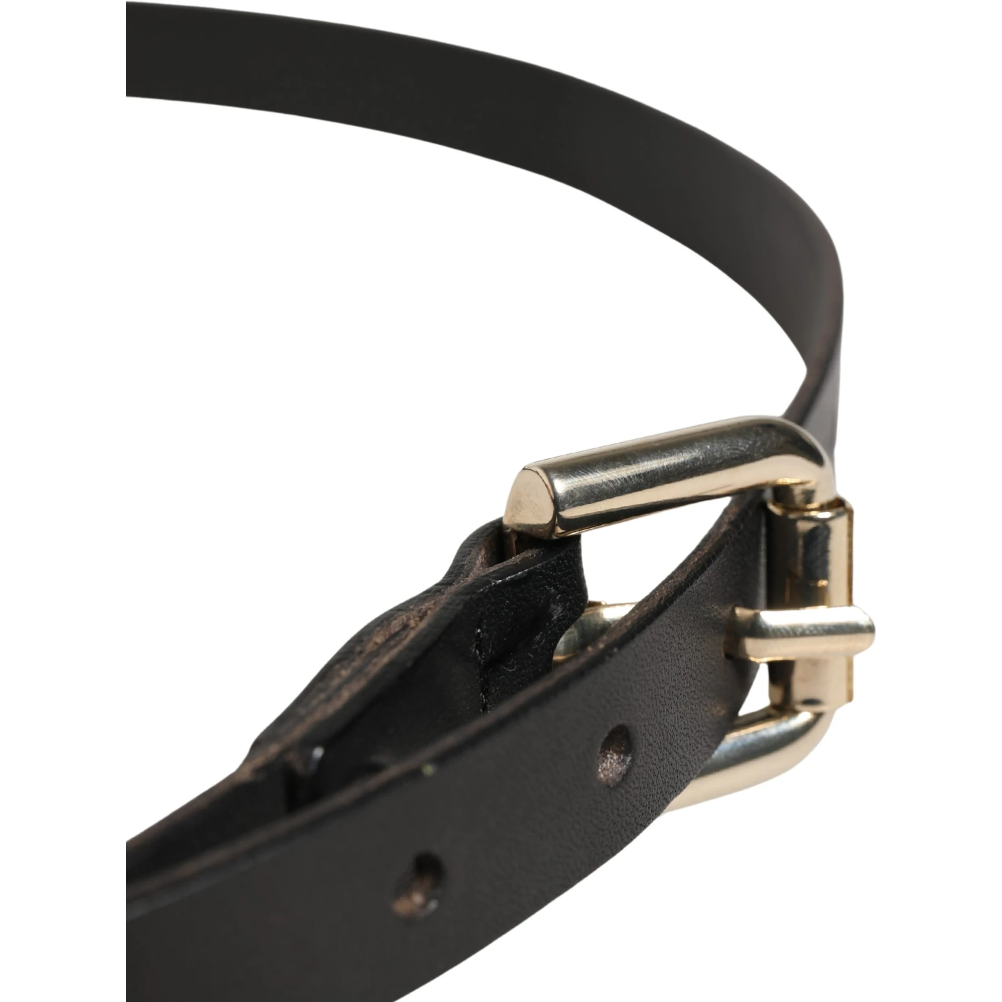 Black Leather Slim Gold Tone Buckle Waist Men Belt