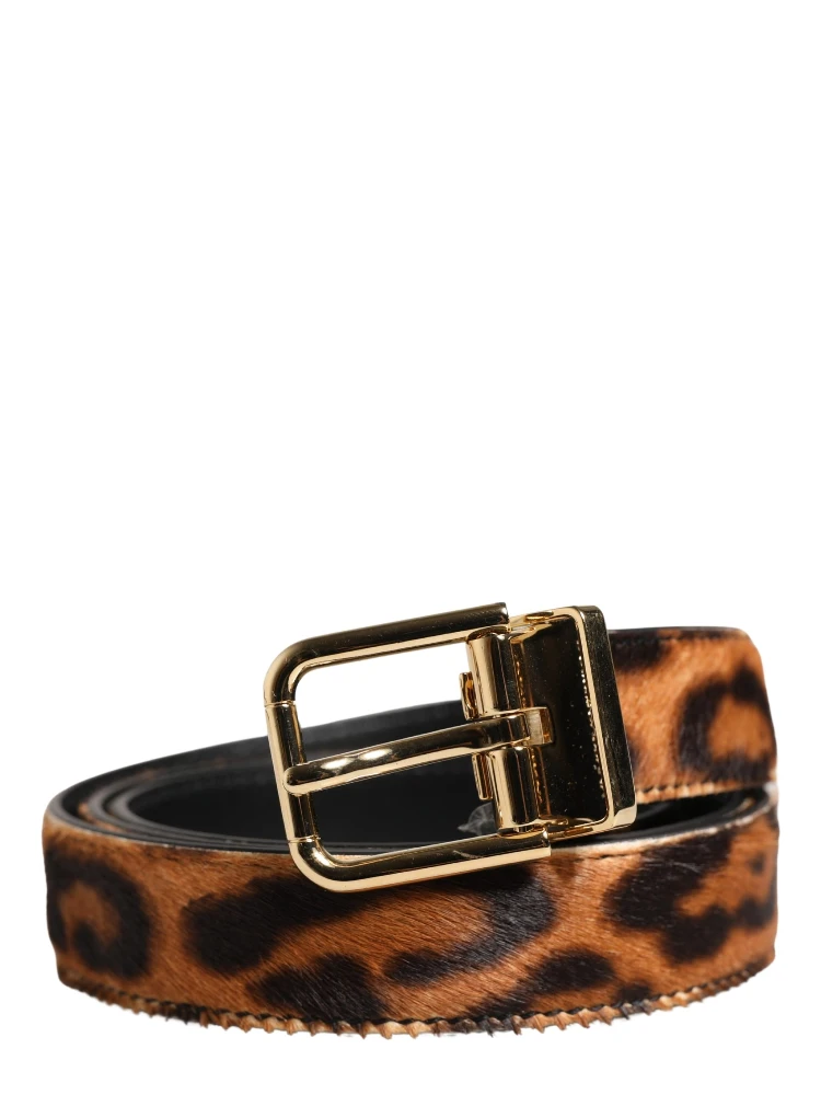 Brown Calf Fur Leopard Metal Buckle Belt