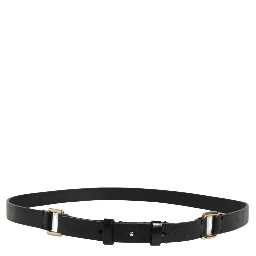 Black Leather Thin Gold Metal Brass Buckle Waist Belt