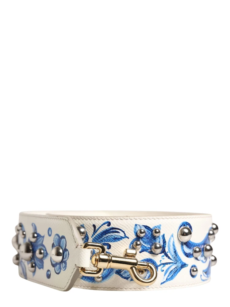 White Blue Floral Leather Stud Accessory Shoulder Strap