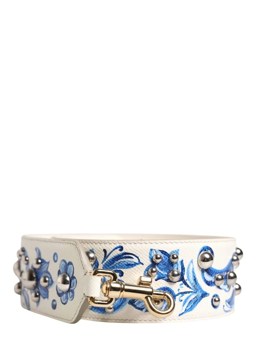White Blue Floral Leather Stud Accessory Shoulder Strap