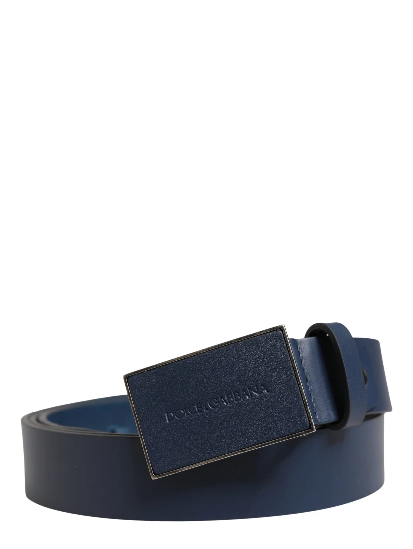 Blue Calfskin Leather Logo Metal Buckle Belt
