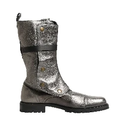Metallic Silver Combat Biker Mid Calf Boots Shoes