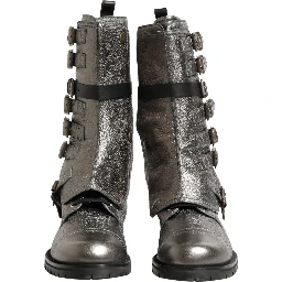 Metallic Silver Combat Biker Mid Calf Boots Shoes