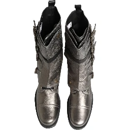 Metallic Silver Combat Biker Mid Calf Boots Shoes