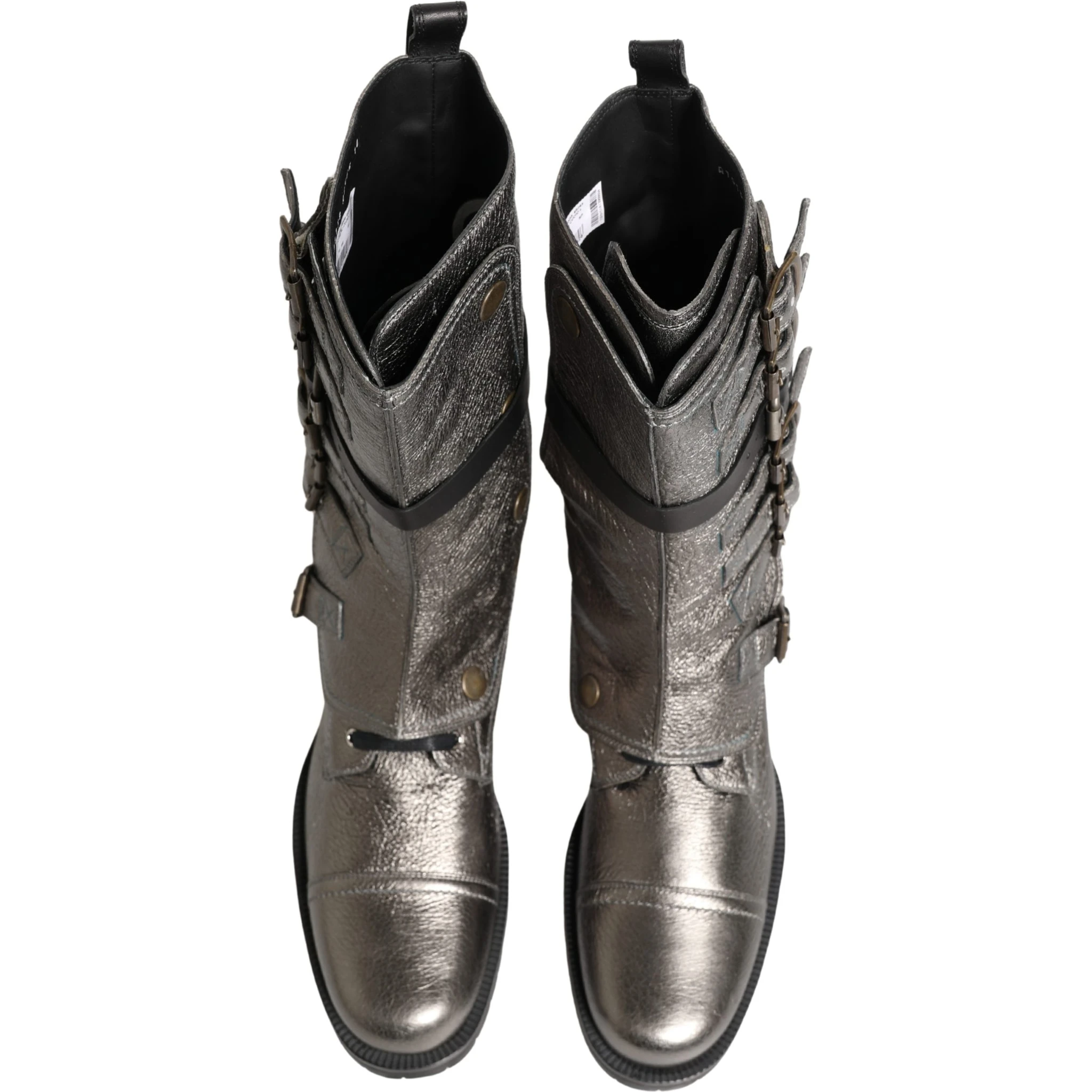 Metallic Silver Combat Biker Mid Calf Boots Shoes