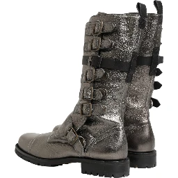 Metallic Silver Combat Biker Mid Calf Boots Shoes