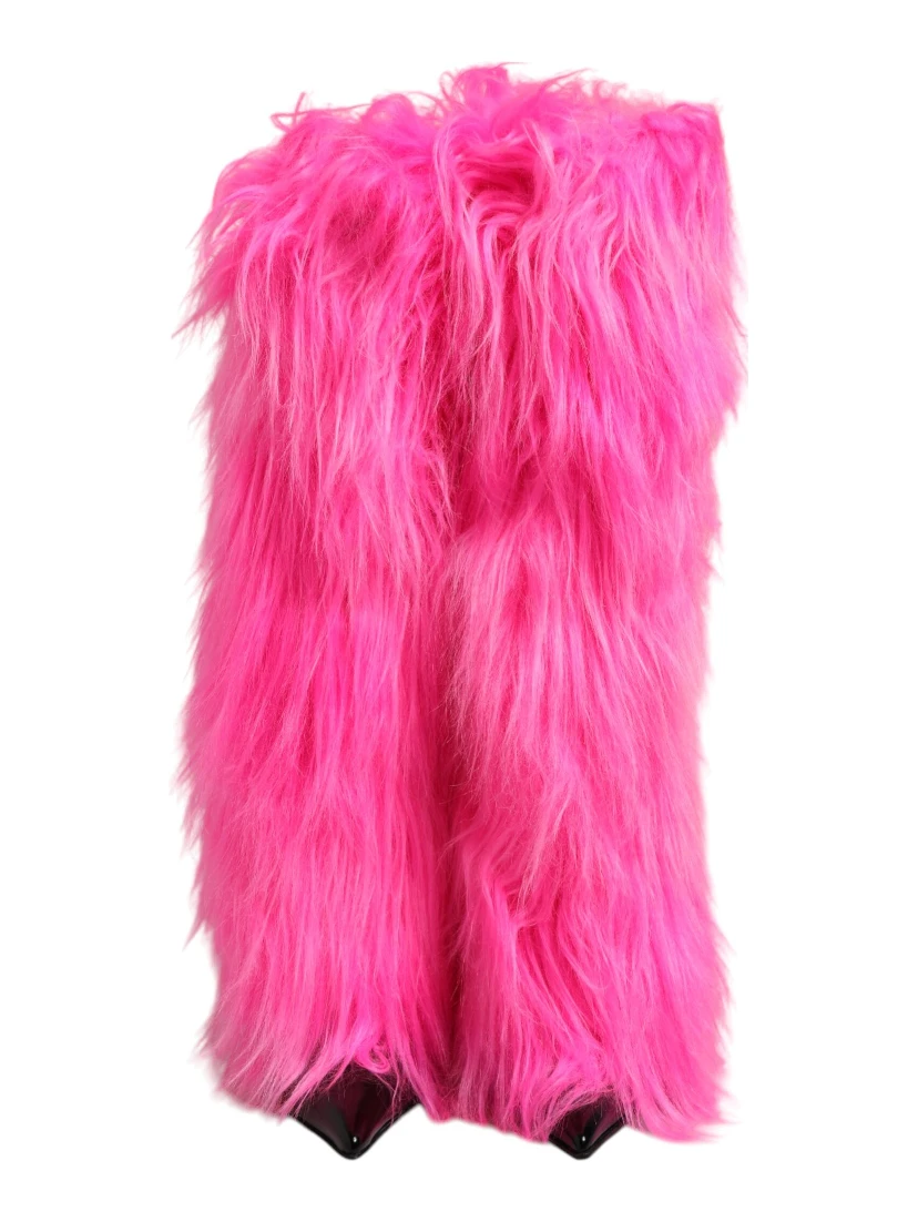 Pink Faux Fur Leather High Heels Boots Shoes