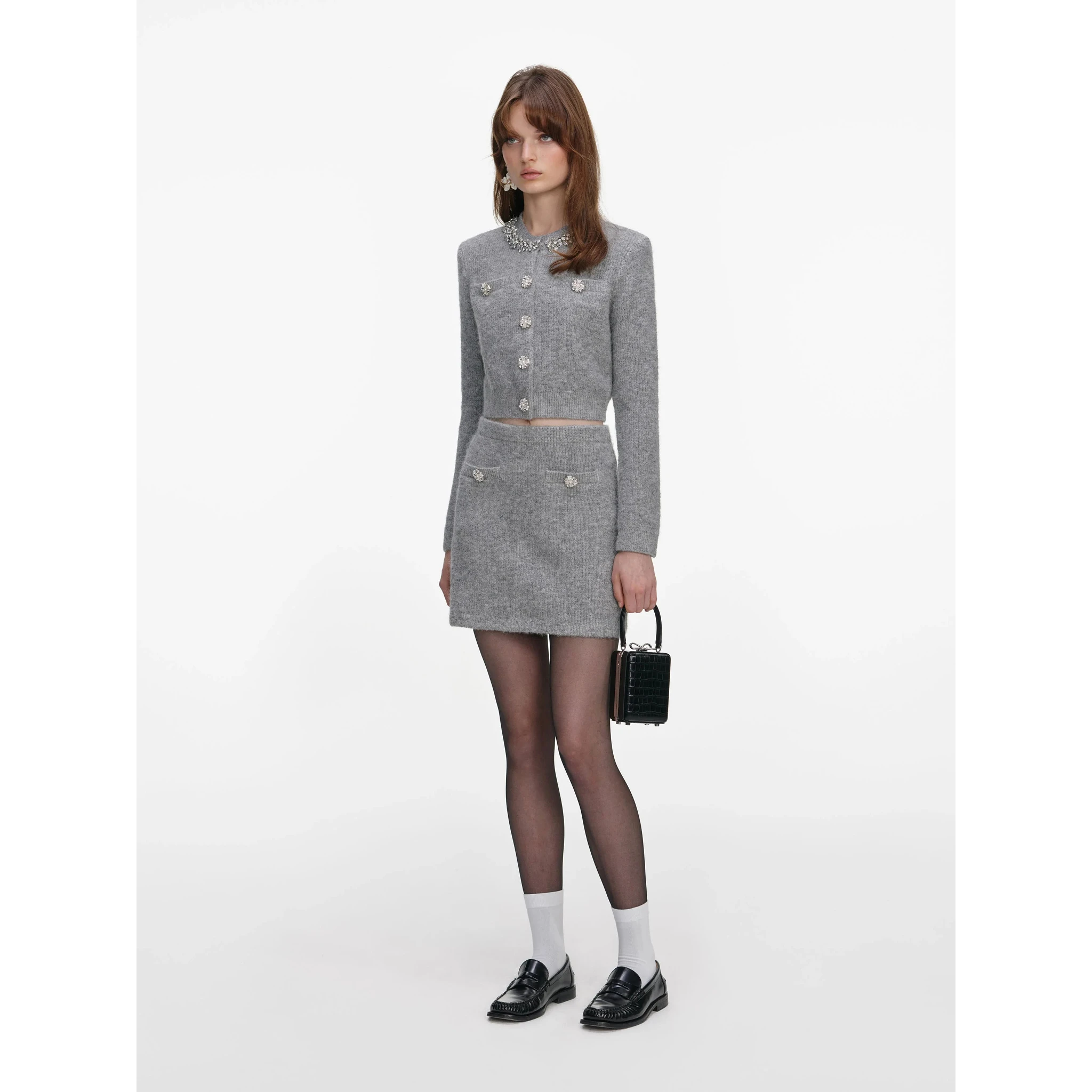 Grey Fluffy Crystal Trim Cardigan – self-portrait-EU