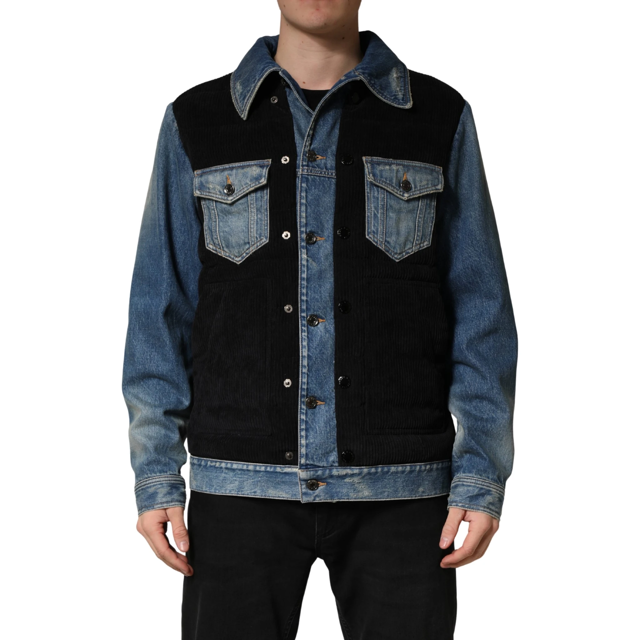 Black Blue Cotton Denim Blouson Men  Jacket