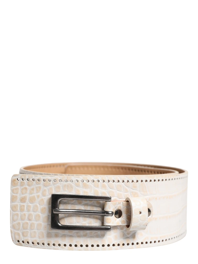 White Textured Leather Wide SilverMetal Buckle Belt