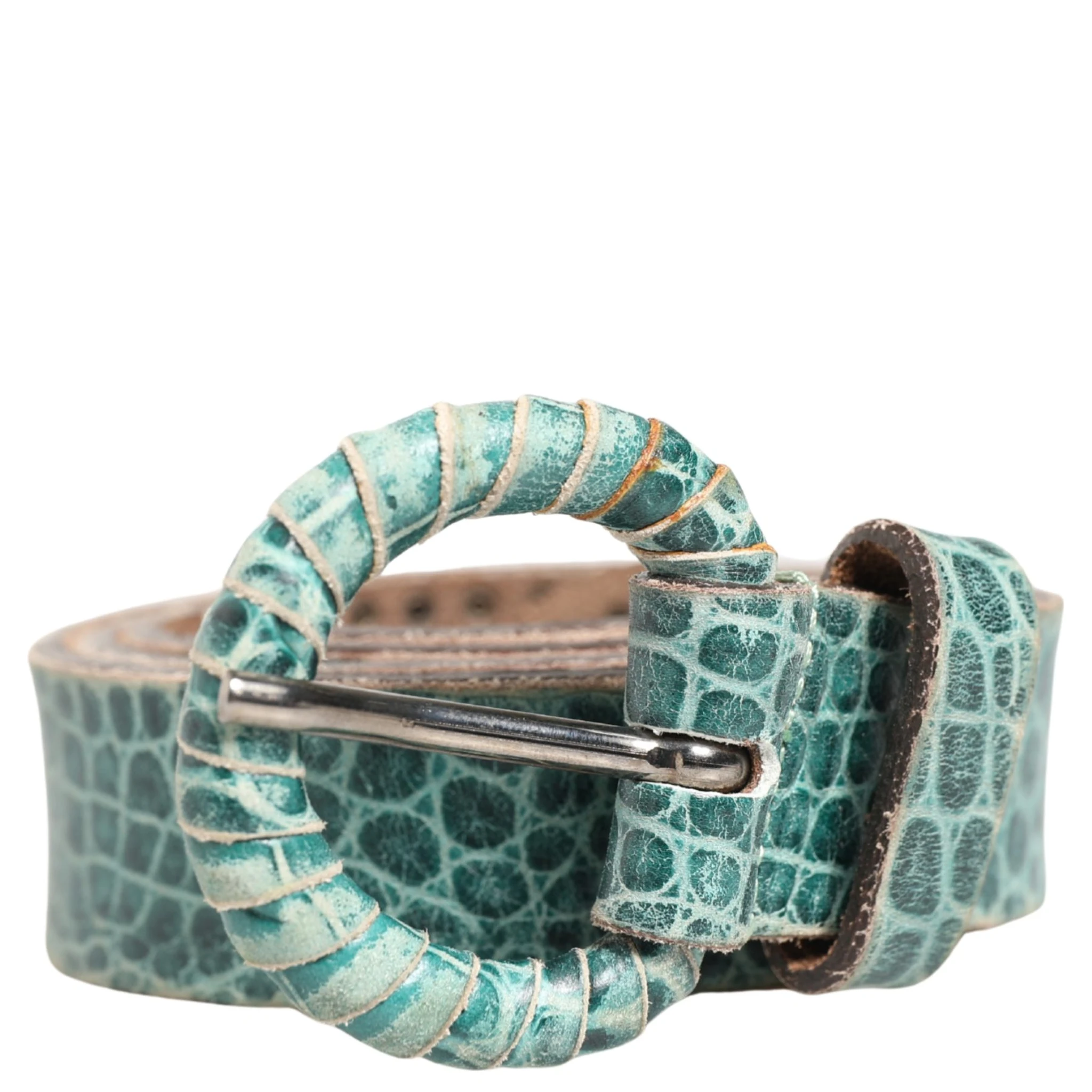 Women Green Leather Croco Print Studded Belt