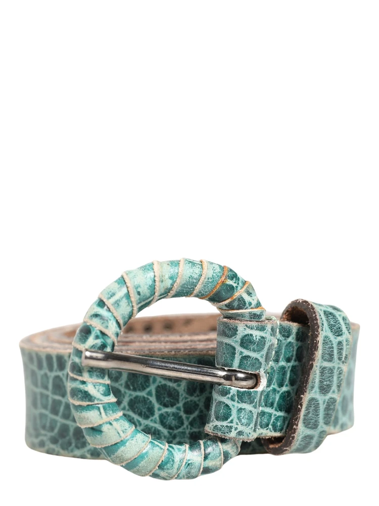 Women Green Leather Croco Print Studded Belt alternative