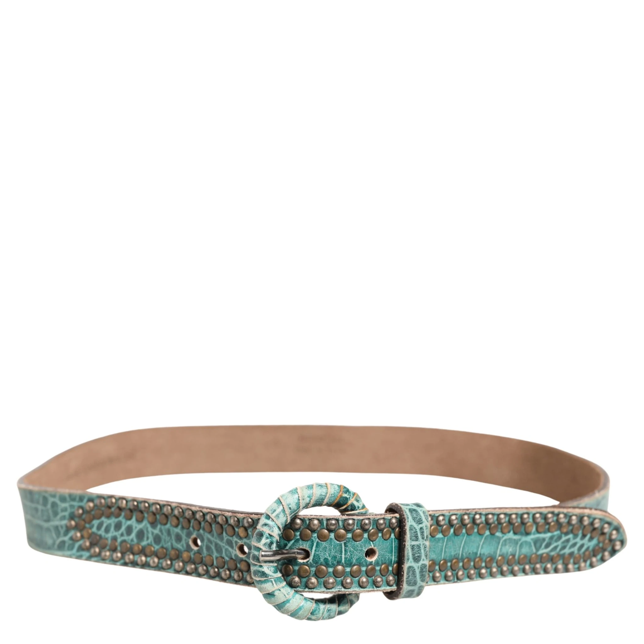 Women Green Leather Croco Print Studded Belt