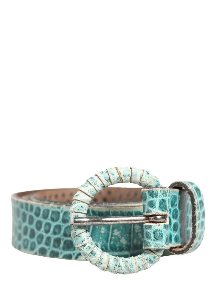 Women Green Leather Croco Print Studded Belt alternative