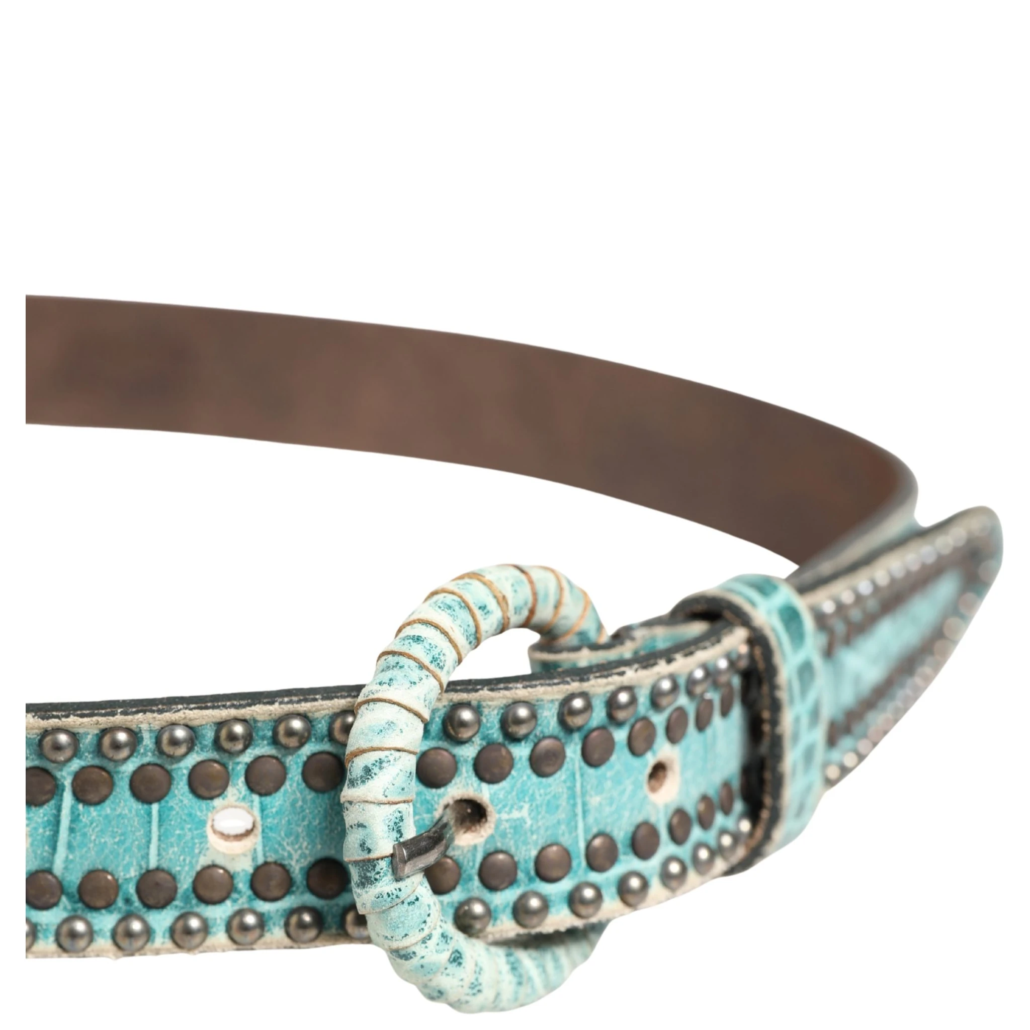 Women Green Leather Croco Print Studded Belt