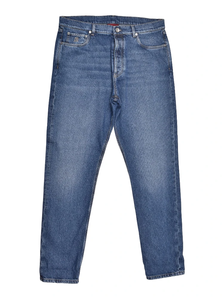 Blue Cotton Straight-Leg Jeans