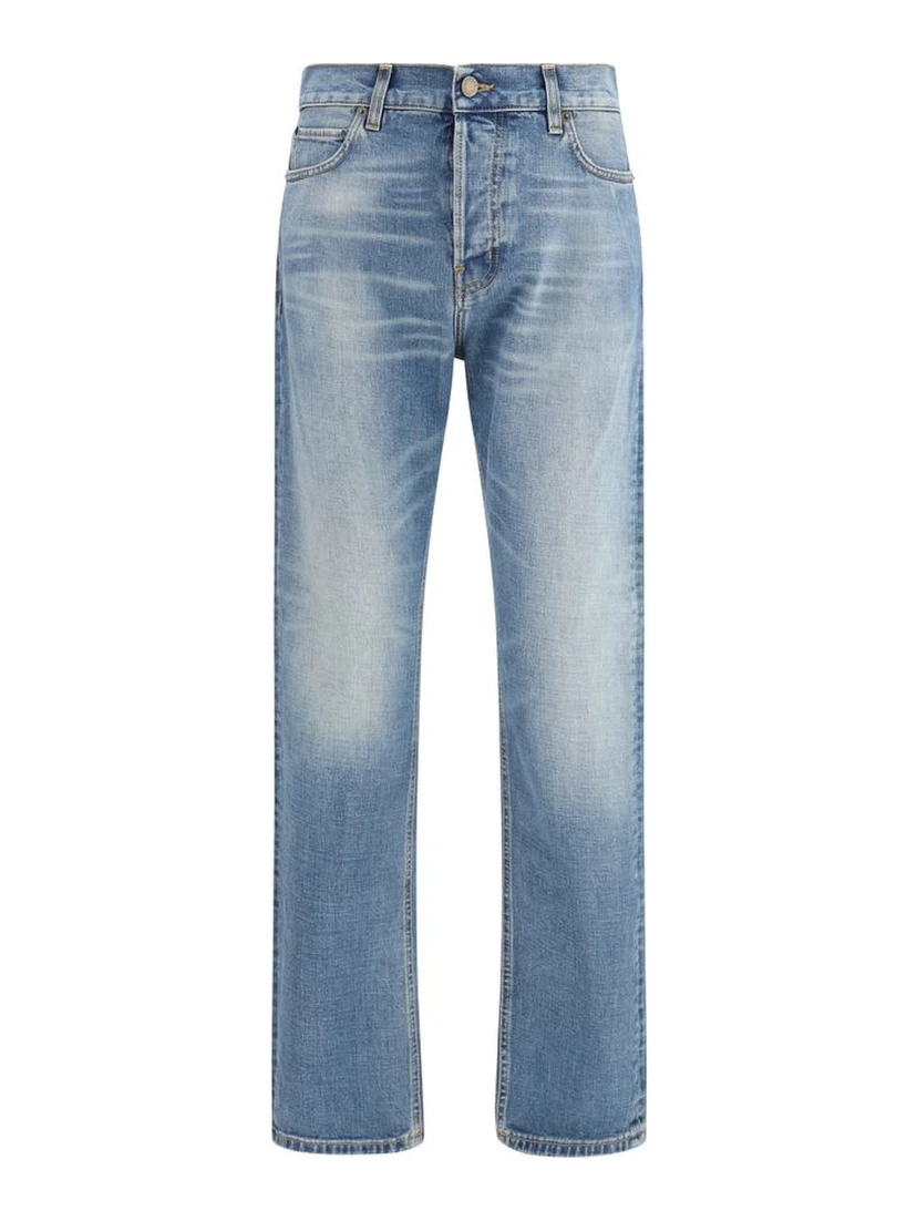 Blue Cotton Straight-Leg Jeans