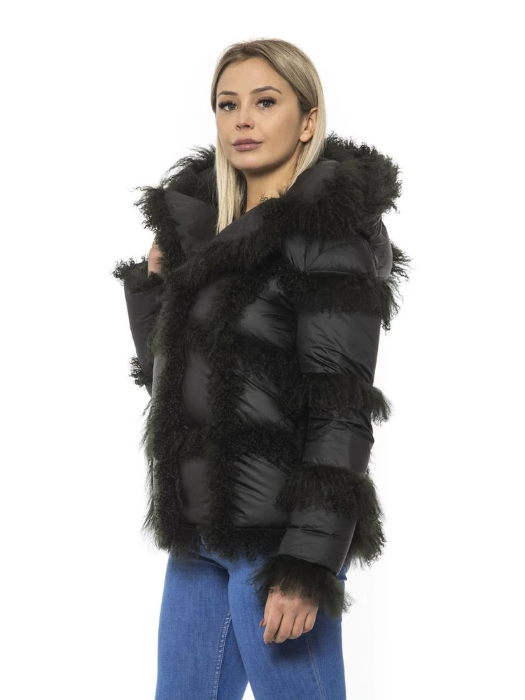 Black Poly Jacket with Lamb Fur Hood for Women alternative