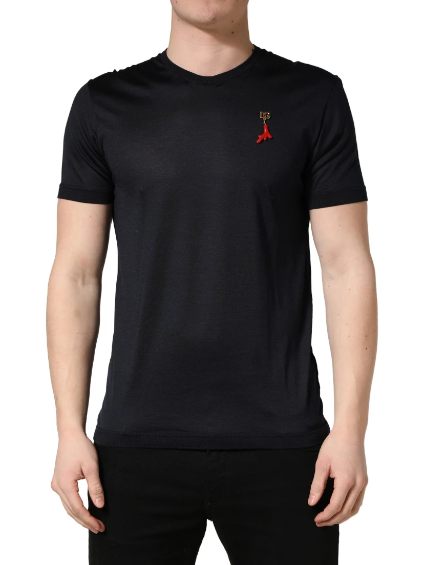 Dark Blue DG Logo Silk Men Crew Neck T-shirt