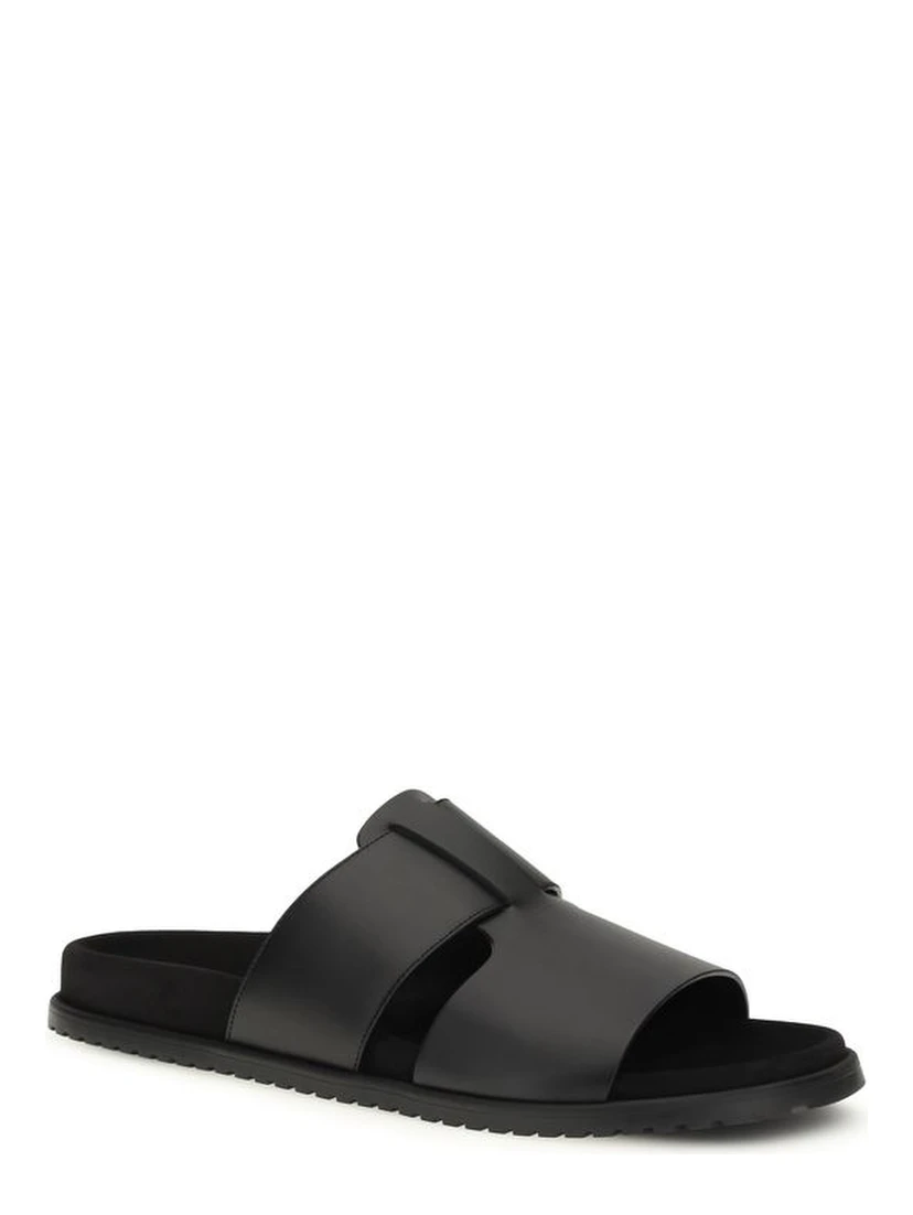 Black Calf Leather Bos Taurus Flat Sandals