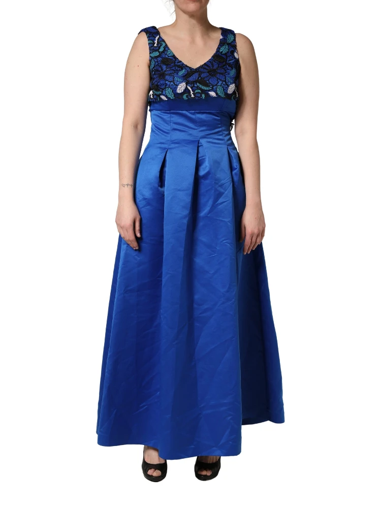 Royal Blue Floral Lace Sleeveless Long Gown Dress