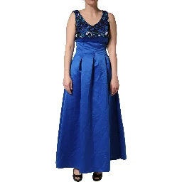 Royal Blue Floral Lace Sleeveless Long Gown Dress