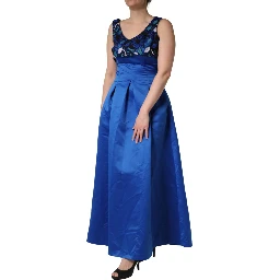 Royal Blue Floral Lace Sleeveless Long Gown Dress