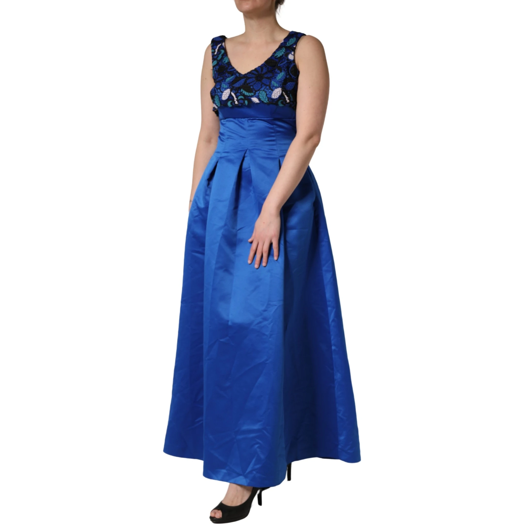 Royal Blue Floral Lace Sleeveless Long Gown Dress