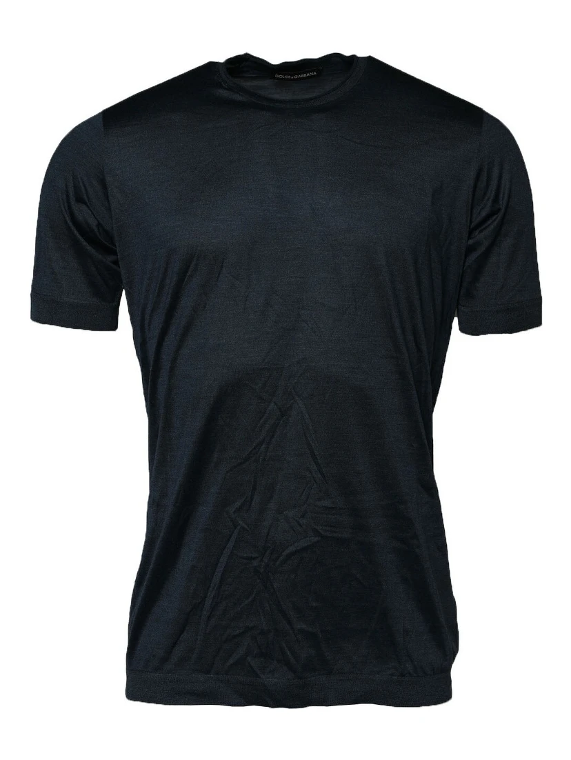 Dark Blue Silk Crew Neck Short Sleeve T-shirt