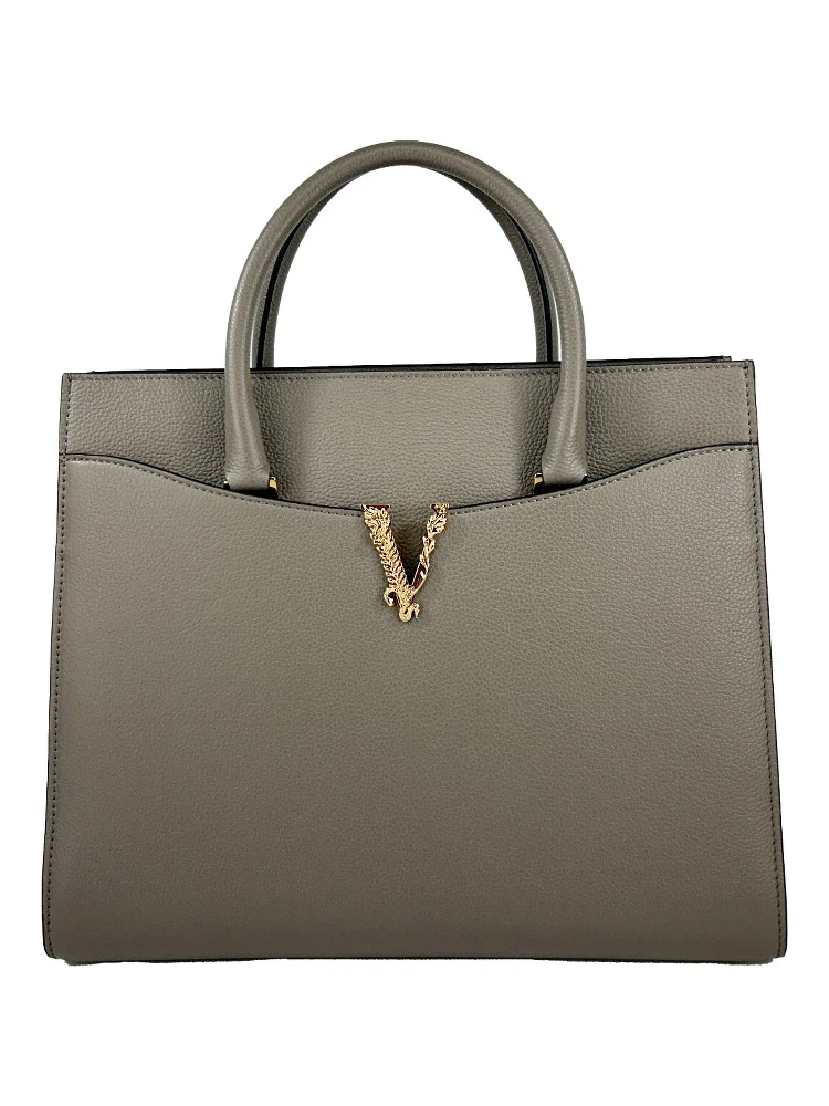 Versace Virtus Large Leather Top Handle Satchel Bag Tote Gray