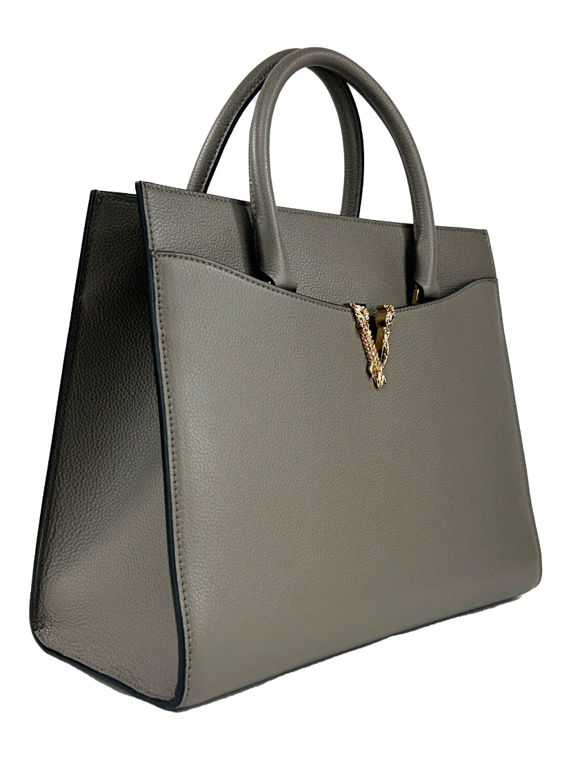 Versace Virtus Large Leather Top Handle Satchel Bag Tote Gray