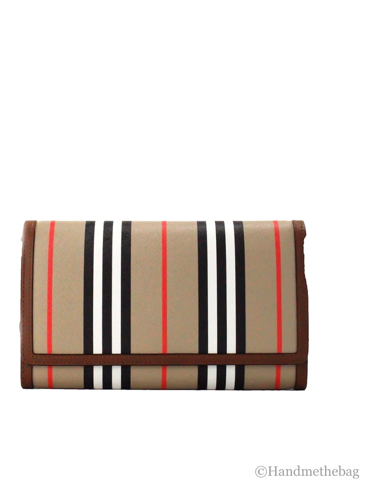 Burberry Hannah Icon Stripe Archive Tan E-Canvas Leather Wallet Crossbody Bag