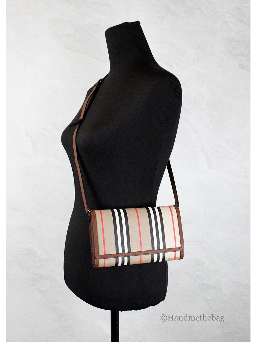 Burberry Hannah Icon Stripe Archive Tan E-Canvas Leather Wallet Crossbody Bag