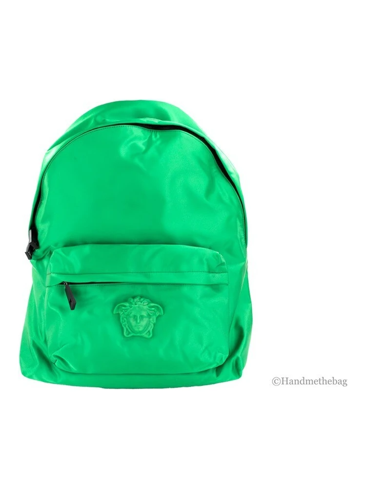 Versace Large Bright Green Nylon Fabric Medusa Shoulder Backpack Bookbag
