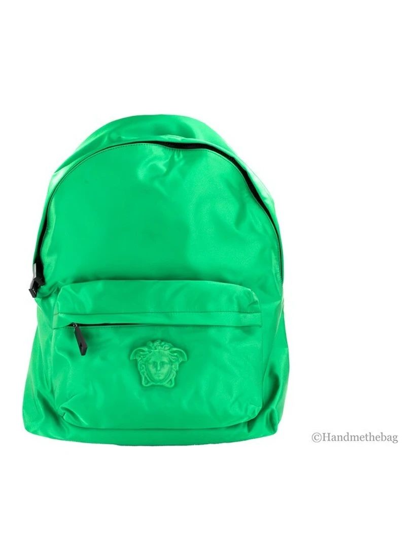 Versace Large Bright Green Nylon Fabric Medusa Shoulder Backpack Bookbag