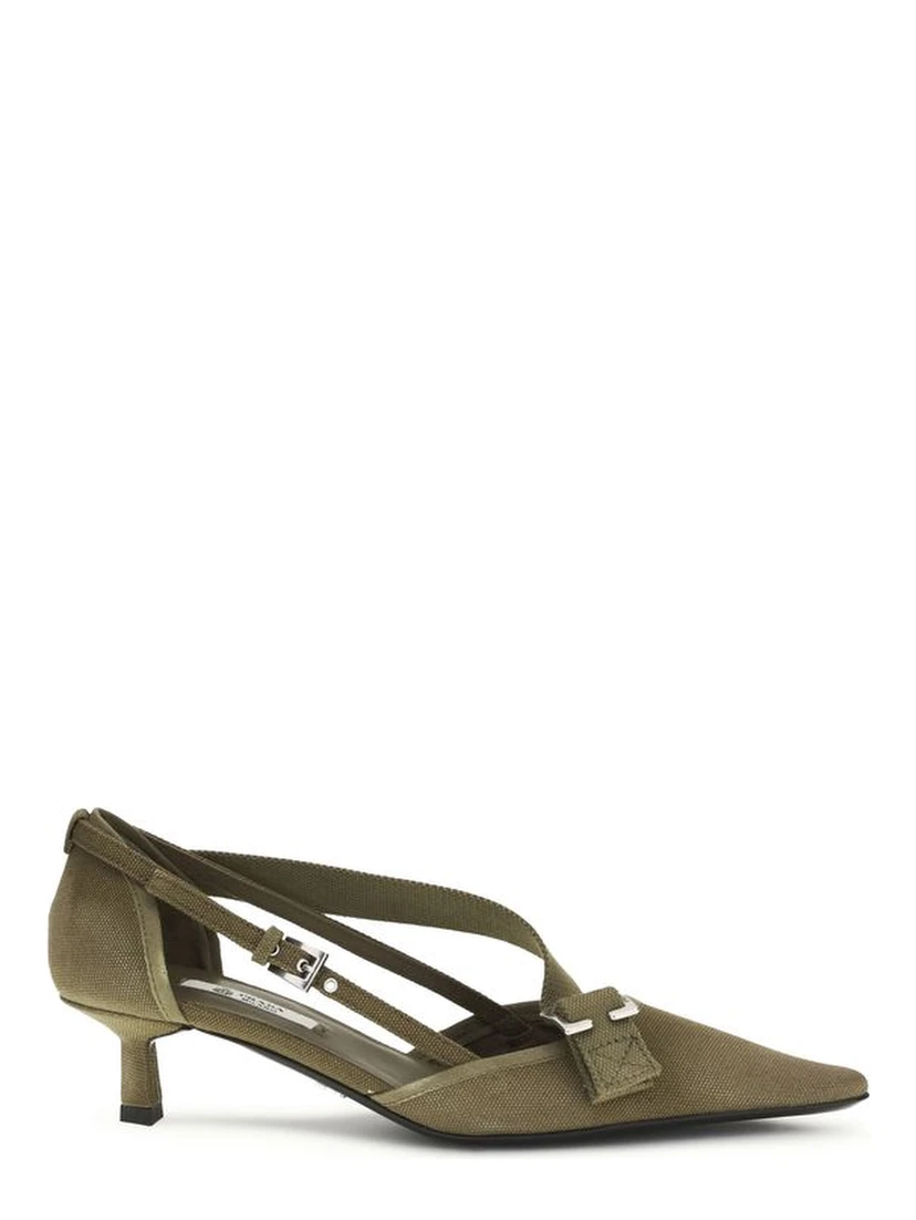 Bicolor Cotton Mid Heel Pumps
