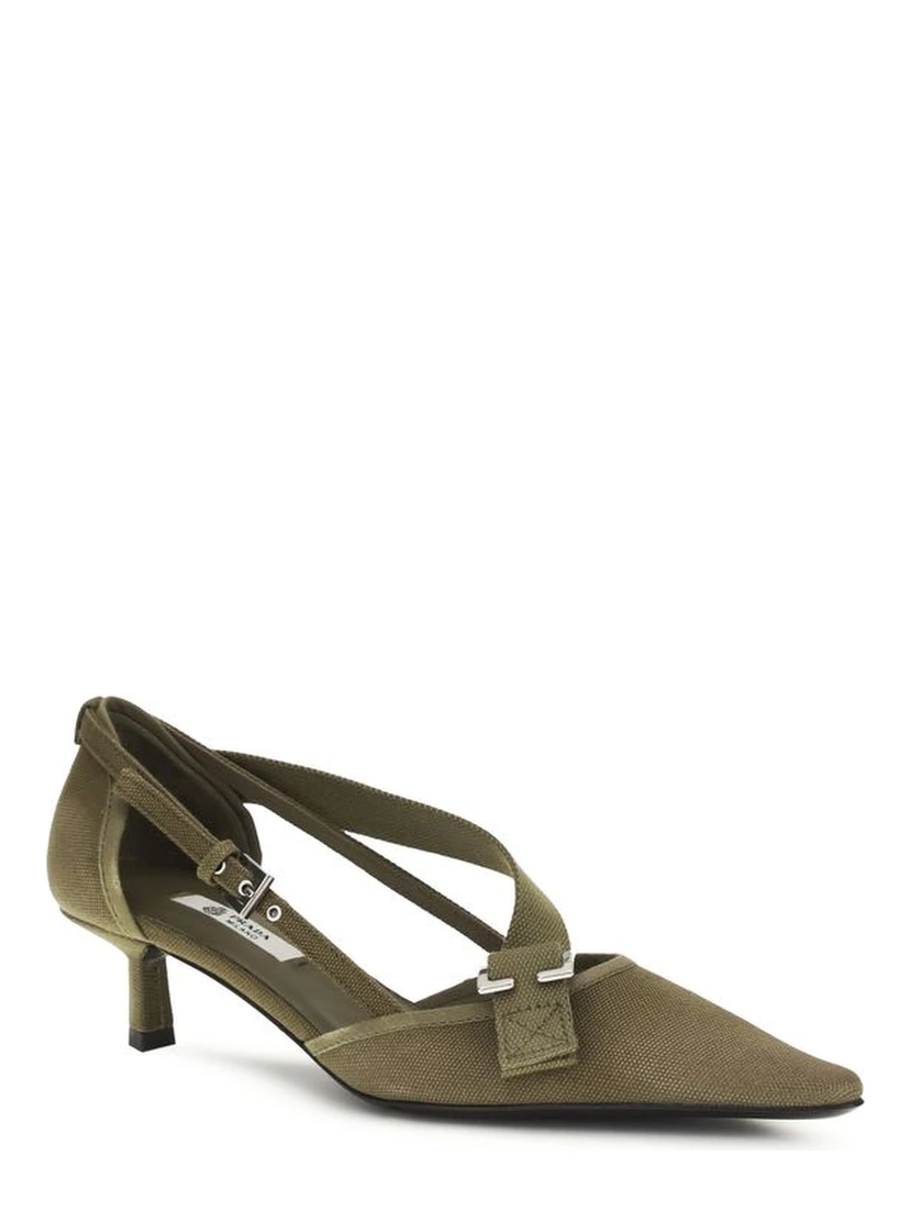Bicolor Cotton Mid Heel Pumps