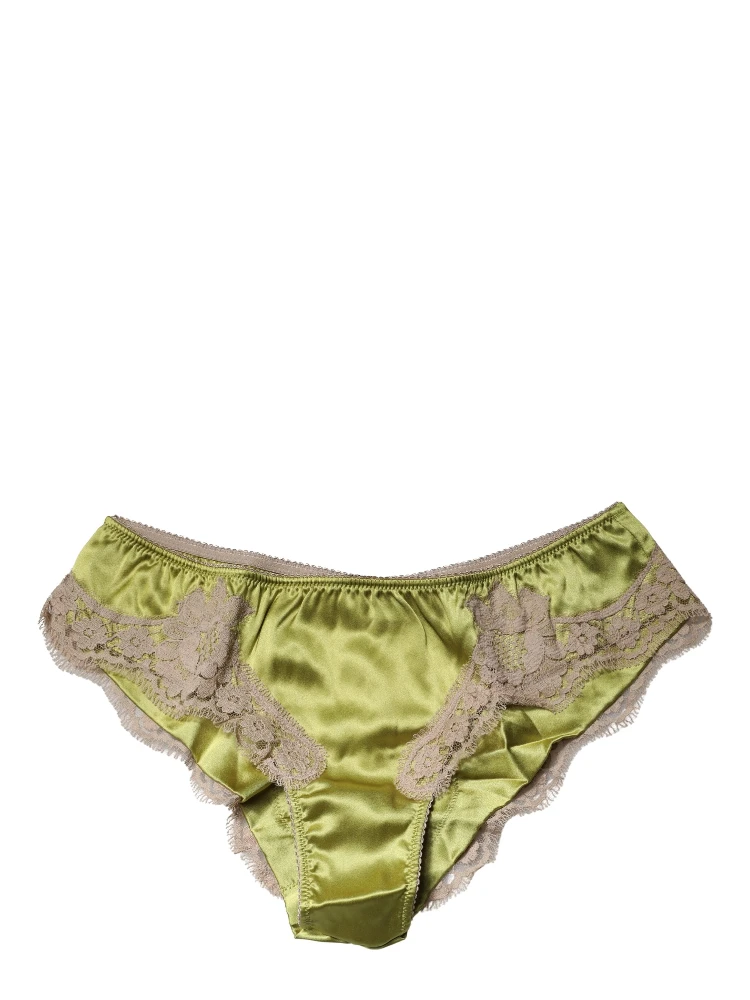 Underwear Green Silk Satin Floral Lace Panty Brief