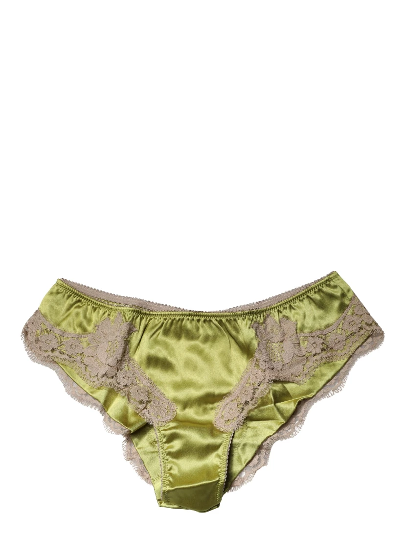Underwear Green Silk Satin Floral Lace Panty Brief