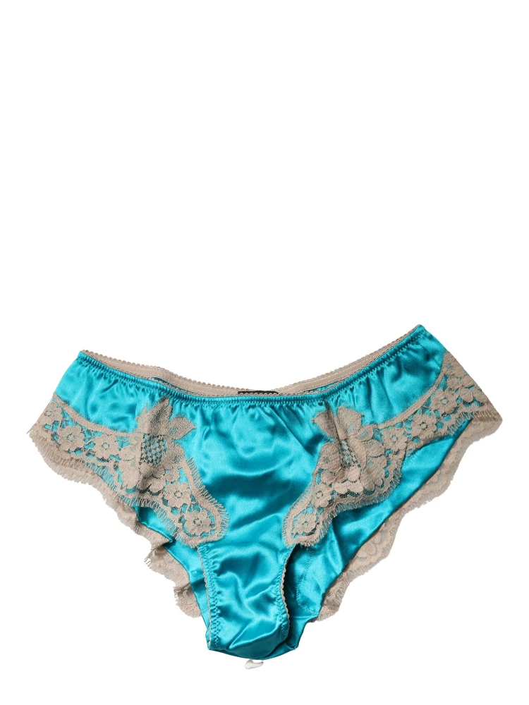 Blue Silk Satin Floral Lace Panty Brief Underwear