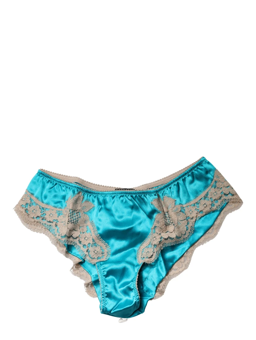 Blue Silk Satin Floral Lace Panty Brief Underwear