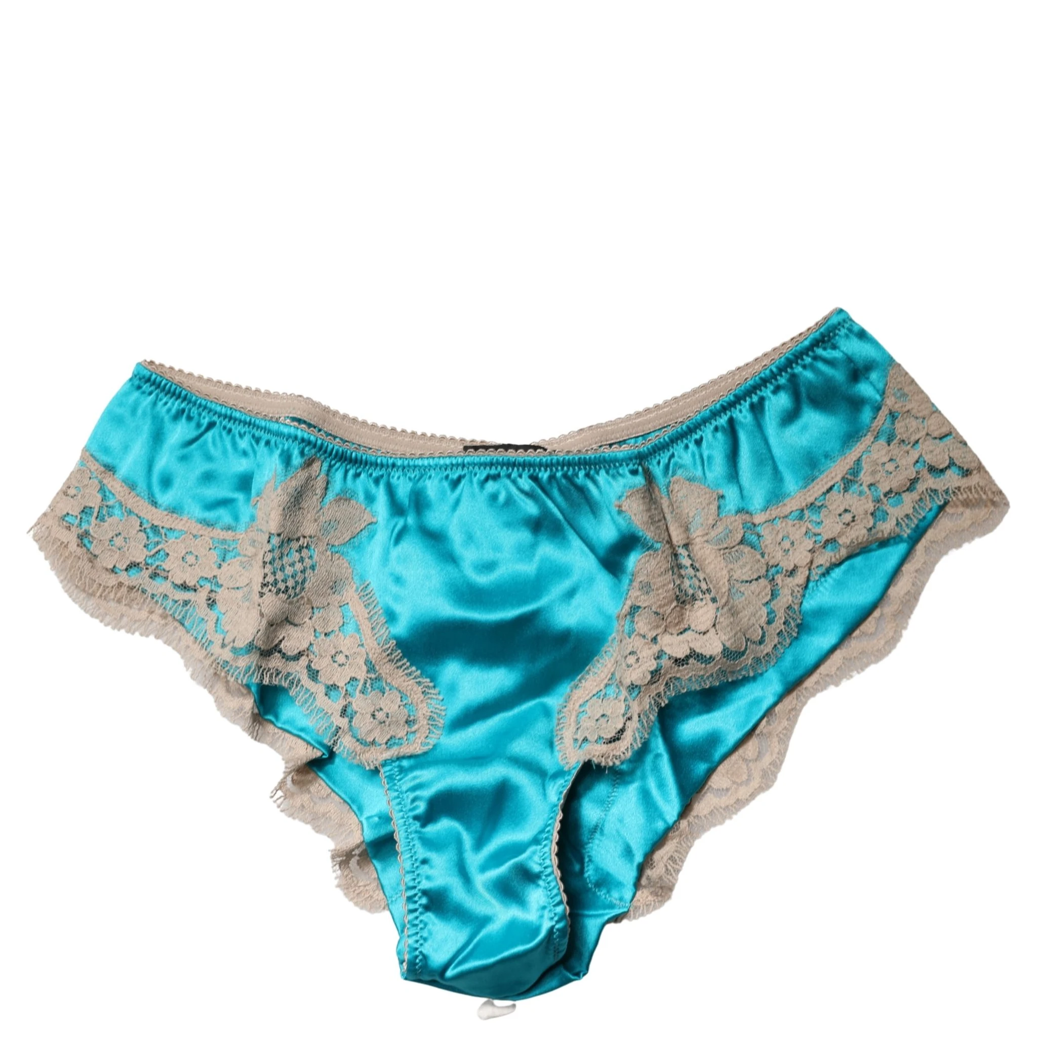 Blue Silk Satin Floral Lace Panty Brief Underwear