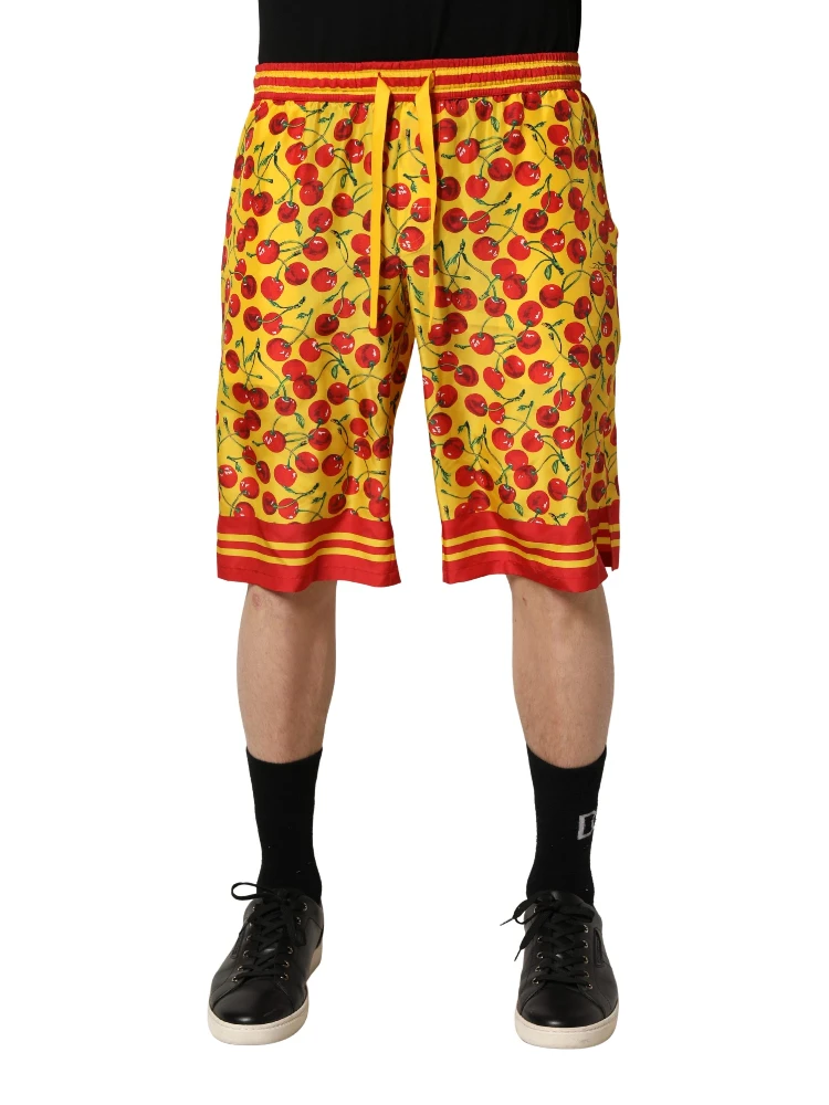 Yellow Red Cherry Print Silk Bermuda Shorts