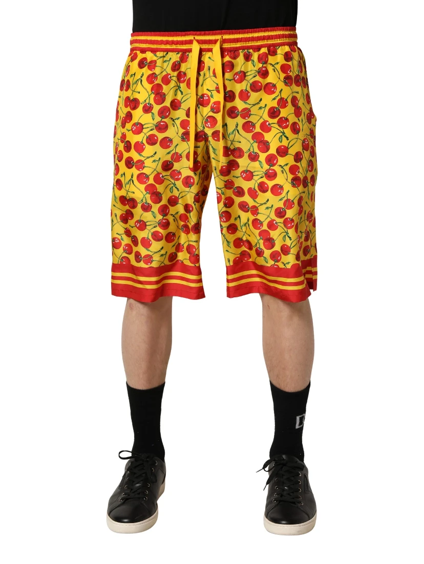Yellow Red Cherry Print Silk Bermuda Shorts