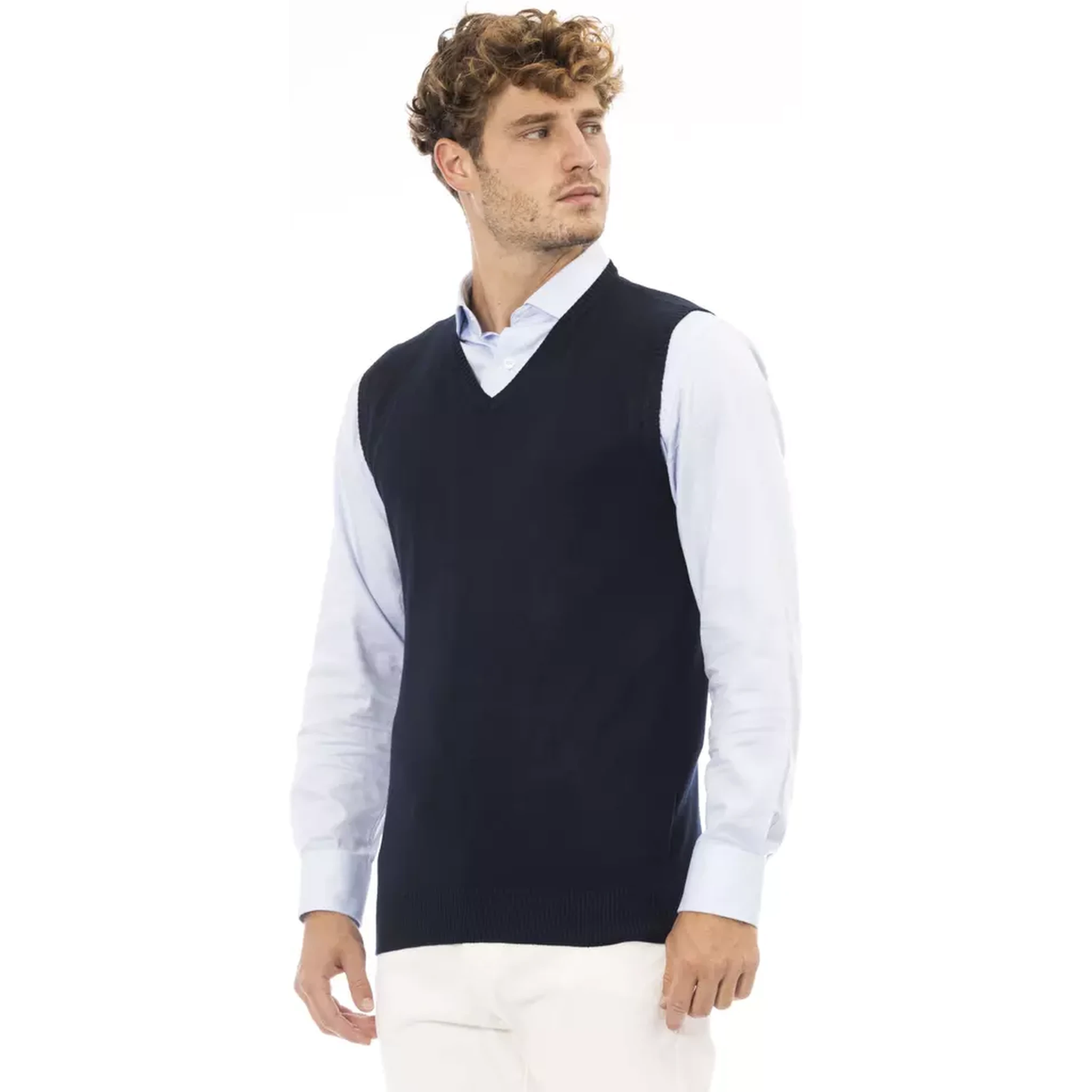 Blue Viscose Men's V-neck Vest