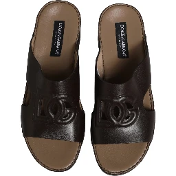 Brown Leather Cutout DG Logo Sandals Shoes