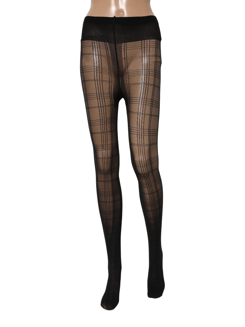 Black Nylon Tartan Pattern Tights Stockings Socks