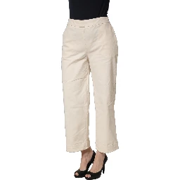 Beige High Waist Straight Capri Cropped Trouser Pants