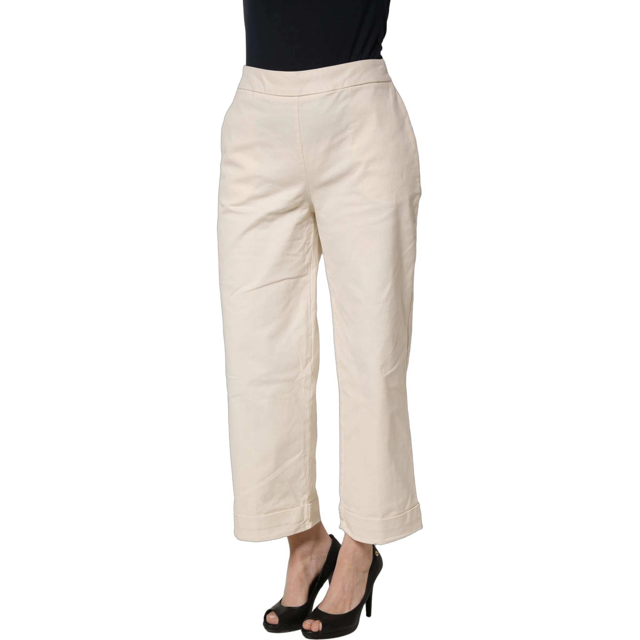 Beige High Waist Straight Capri Cropped Trouser Pants